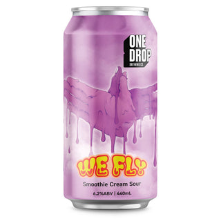 Purple can with 'One Drop' branding and 'WE FLY' text on a white background