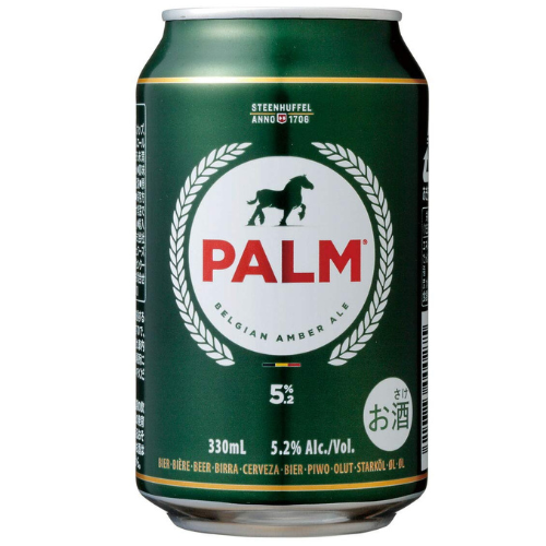 Green can of Palm Belgian Amber Ale with branding and product details on a white background