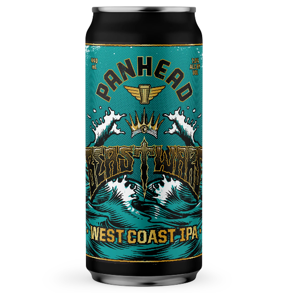 Can of Panhead West Coast IPA with blue and black design