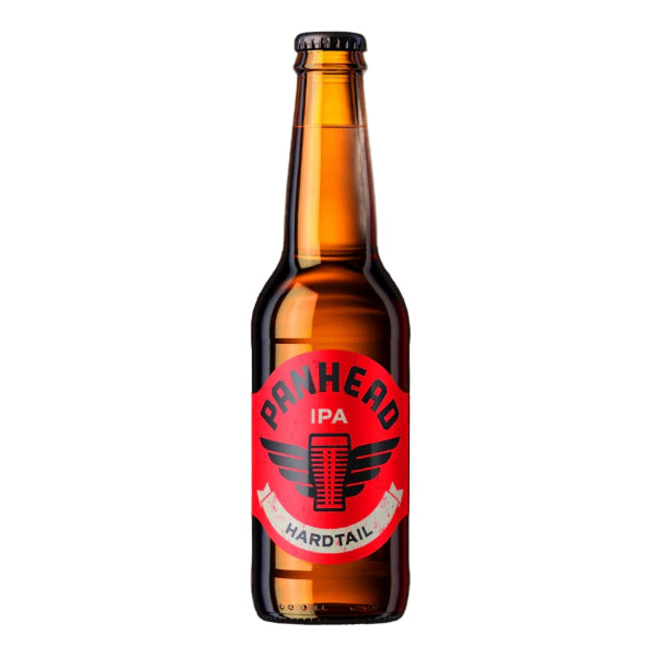 Beer bottle with a red label on a black background