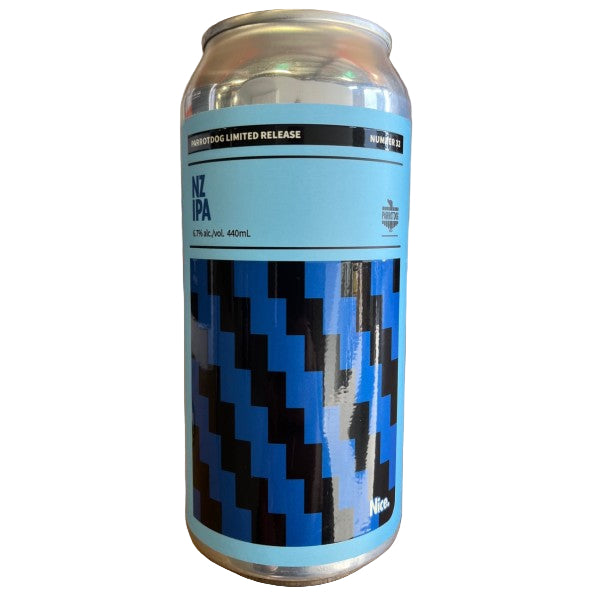 Beer can with blue and black pixelated design on a white background