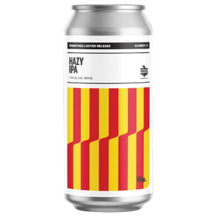 Beer can with red and yellow pattern on a white background
