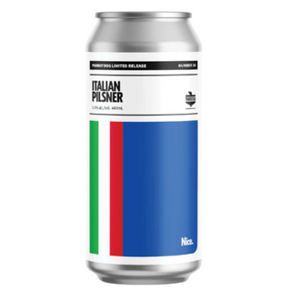 Can of Italian Pilsner with blue, green, and red design on a white background