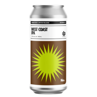 Can of West Coast IPA with a brown label and green starburst design on a white background