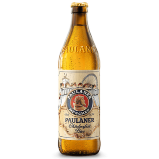 A bottle of Paulaner Oktoberfest Bier with a label showing the brand name and the word 'Oktoberfest' indicating the type of beer.