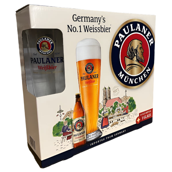 PAULANER MÖNCHEN beer packaging with bottle, glass, and box on a white background