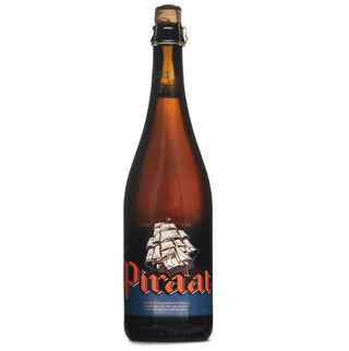 A bottle of Piraat Belgian Strong Ale with a label featuring a sailing ship and the brand name.