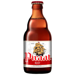 A bottle of Piraat Red beer with a label featuring a pirate ship and the text 'PIRAAT RED' prominently displayed.