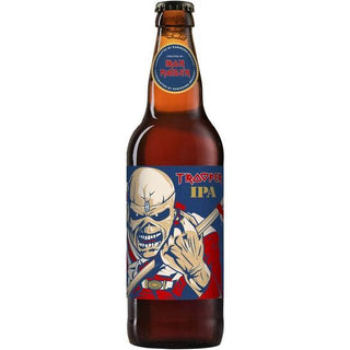 Bottle of Trooper IPA with a colorful label featuring a skull and crossed swords on a white background.