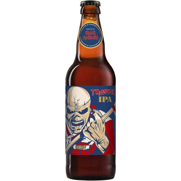Bottle of Trooper IPA with a colorful label featuring a skull and crossed swords on a white background.