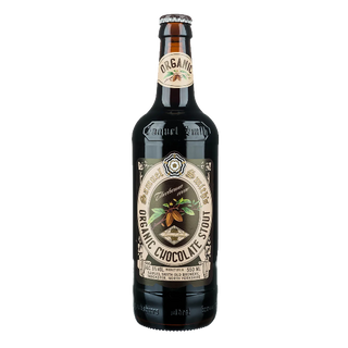 Bottle of Samuel Smith Organic Chocolate Stout on a white background
