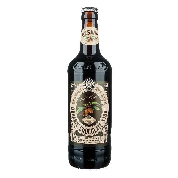 Bottle of Samuel Smith Organic Chocolate Stout on a white background