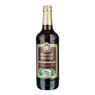 Bottle of Samuel Smith's Nut Brown Ale on a white background