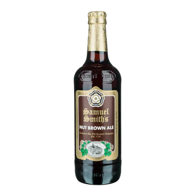 Bottle of Samuel Smith's Nut Brown Ale on a white background