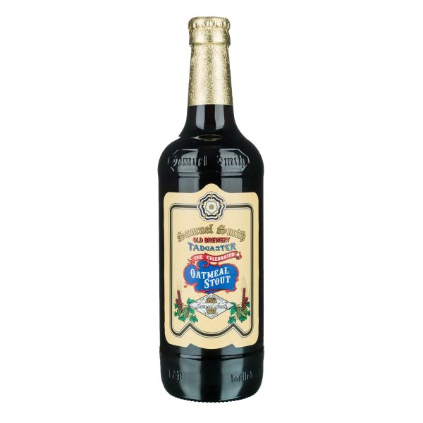 Bottle of Samuel Smith's Old Brewery Oatmeal Stout on a white background