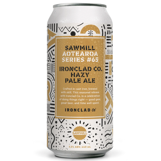 Beer can with intricate design and text on a white background
