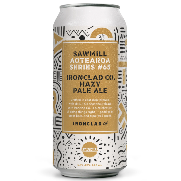Beer can with intricate design and text on a white background