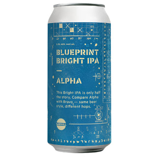 Blue can of Blueprint Bright IPA Alpha on a beige background