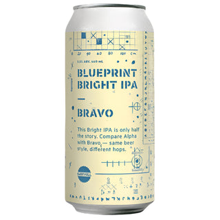 Can of Blueprint Bright IPA Bravo with geometric design on beige background