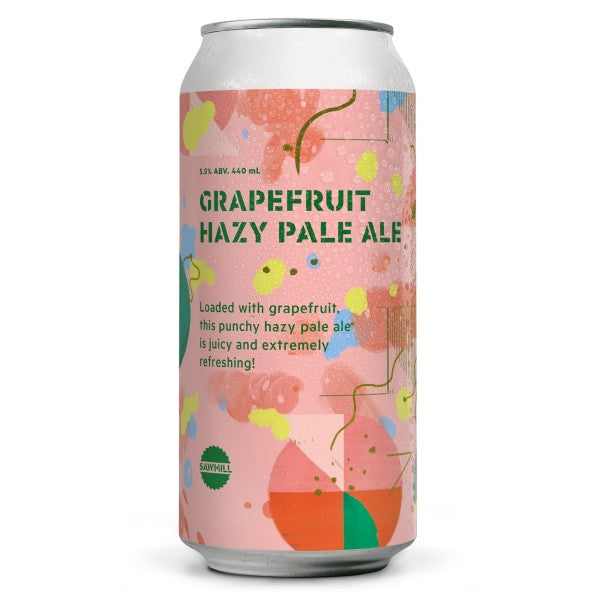 Grapefruit Hazy Pale Ale can with colorful design on a white background