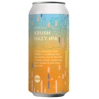 Can of Krush Hazy IPA with colorful label on a beige background