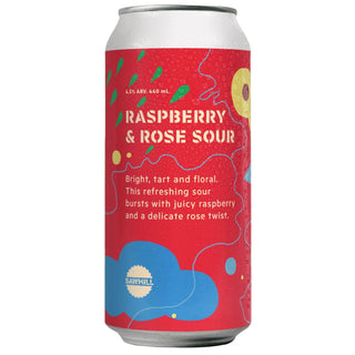 Cans of raspberry and rose sour beer with colorful labels on a beige background