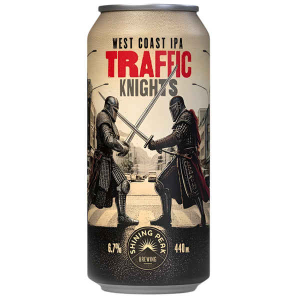 Beer can labeled 'Traffic Knights' with knights design on a white background