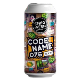 Beer can with 'Sprig + Fern Brewing Co' branding and 'Code Name 076 Hazy' text on a white background