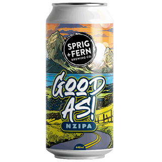 Beer can with 'Sprig + Fern Brewing Co' and 'Good As!' branding on a white background