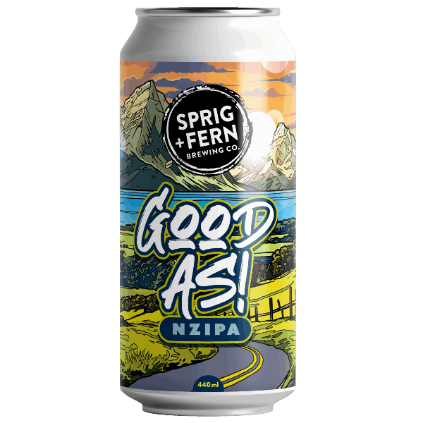 Beer can with 'Sprig + Fern Brewing Co' and 'Good As!' branding on a white background