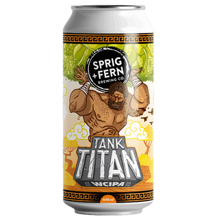 Beer can with 'Sprig + Fern Brewing Co' branding on a white background
