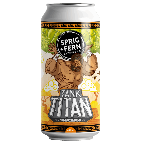 Beer can with 'Sprig + Fern Brewing Co' branding on a white background