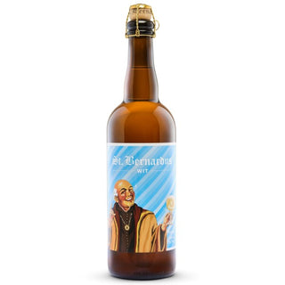 St. Bernardus beer bottle with a label featuring a monk on a white background