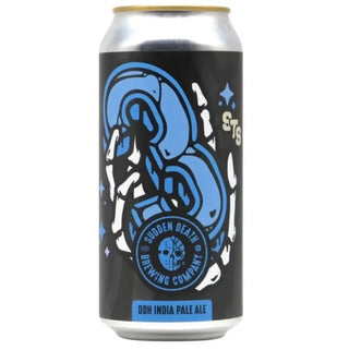 Beer can with blue and black design on a white background
