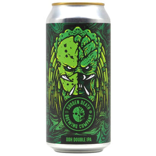Beer can with green graphic design on a white background