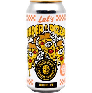 Beer can with pizza-themed design and 'Let's Order a Pizza' text on a white background