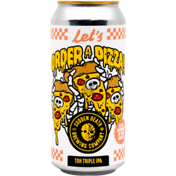 Beer can with pizza-themed design and 'Let's Order a Pizza' text on a white background