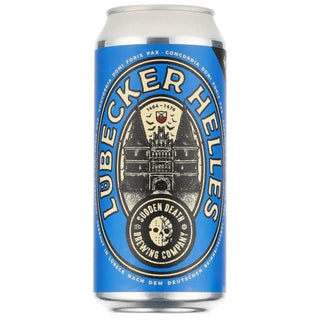 Lubecker Helles beer can with blue label on a white background