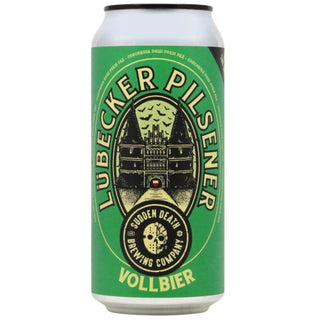 Lubecker Pilsener can with green label on a white background