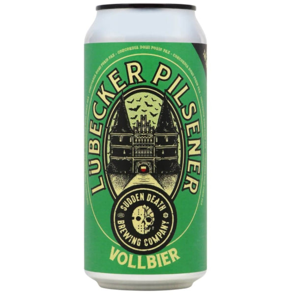 Lubecker Pilsener can with green label on a white background
