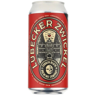Lubecker Zwicker beer can with red and black design on a white background