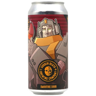 Beer can with robot illustration and 'Sudden Death Brewing Company' logo on a white background