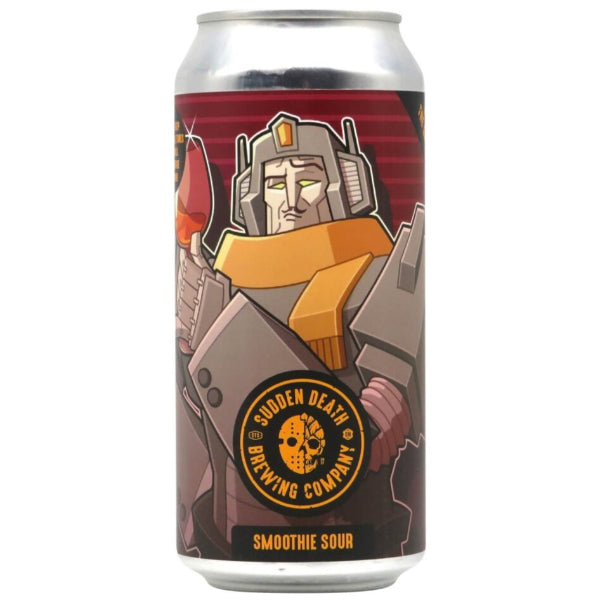 Beer can with robot illustration and 'Sudden Death Brewing Company' logo on a white background