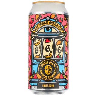 Beer can with colorful label featuring 'Sudden Death Brewing Company' on a white background