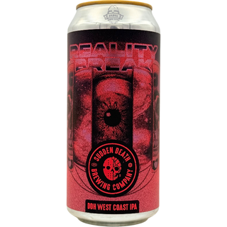 Beer can with red and black design featuring a skull and text on a white background