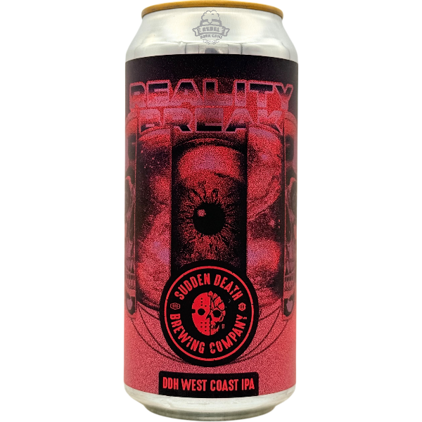 Beer can with red and black design featuring a skull and text on a white background