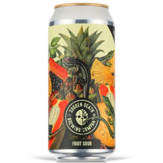 Beer can with a colorful label featuring plants and a lizard, branded as 'Sudden Death Brewing Company'.