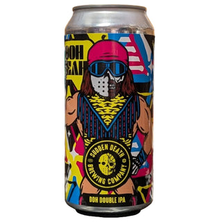 Colorful beer can with a graphic design on a wooden surface