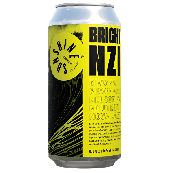 Beer can with 'Shine Brewing Co' label on a yellow background