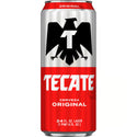 Tecate beer can with red and silver design on a white background